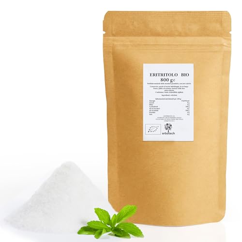 ERBOTECH Eritritol en Polvo Bolsita de 800 g, Sustituto Natural del Azúcar Sin Calorías, Addecuado para Diabéticos, Vegan, sin Conservantes ni Colorantes