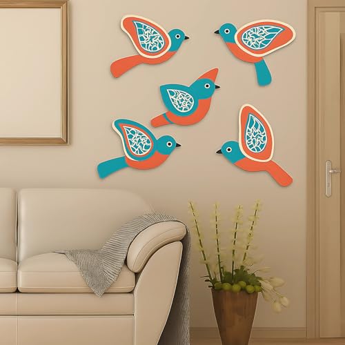 Image of GiftOday Wooden 3D 5 Pieces Birds for Wall Art Panel | Wood Bird Art Wall Hanging Art Decoration Item for Living Room, Bedroom, Drawing Room, Dining Room & Office (Aqua & Orange) Pack of 1