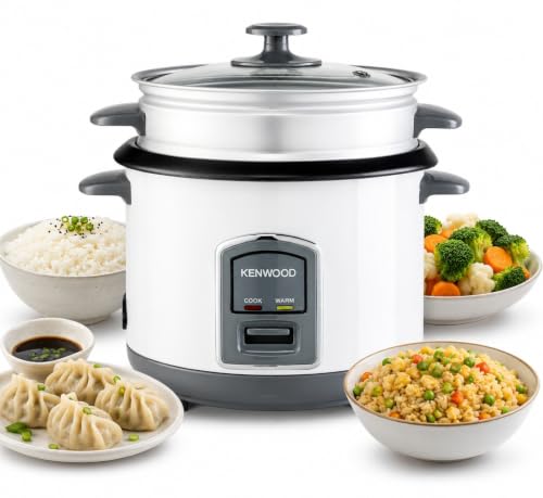 KENWOOD 2-in-1 Rice Cooker 0.6L 3-Cup with Steamer Basket Non-Stick Pot Glass Lid Cook & Warm Indicator Lights Detachable Power Cord RCM06.000WH White