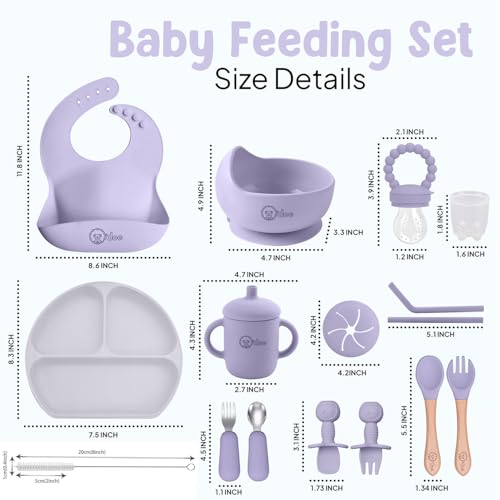 Image of O'doe 17 Pieces Baby LED Weaning Accessories for Toddlers, Baby Feeding Set | Suction Cup Silicone Baby Bowl, Self-Eating Utensils with Spoons, Cups, Bibs, Dinner Plate Set with | Purple, V2