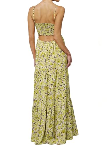 Image of Womens Summer Floral Spaghetti Strap Backless Low Cut Smocked Milkmaid Flowy Beach Sundresses