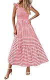PRETTYGARDEN Women's Summer Dress Casual Square Neck Ruffle Strap Gingham Smocked Midi Flowy A Line Beach Vacation Sun Dresses 2025 (Wine Red, M)