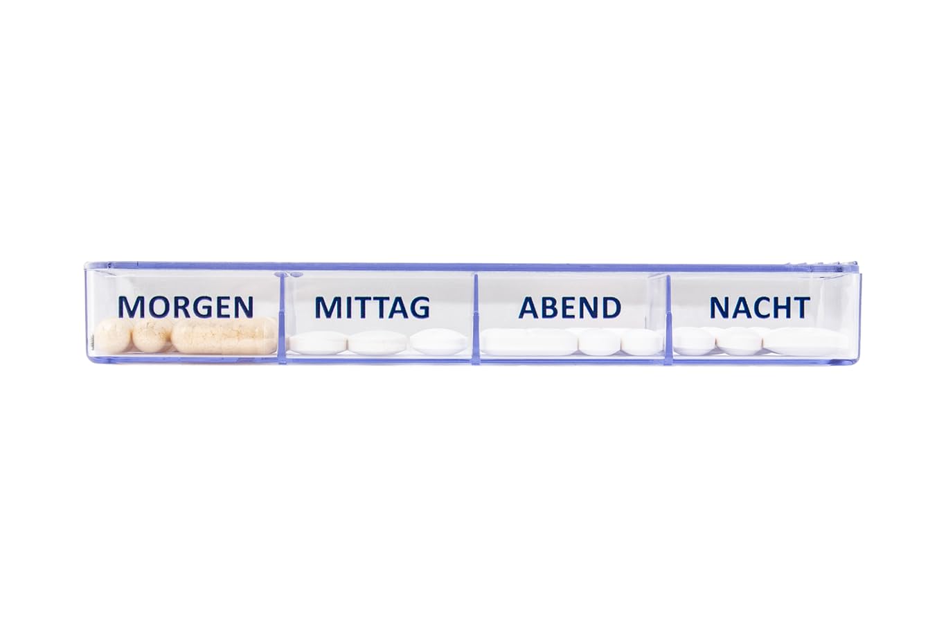 Pilulier 7 jours + 1 extra à 4 compartiments extra large | Matin, midi, soir, nuit | Boîte à médicaments avec étui | Pilulier amovible individuellement | Medimax de Kibodan Danmark