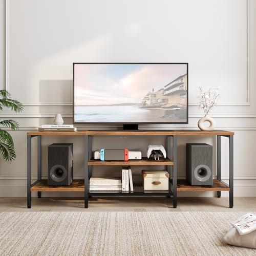 HOOBRO Mueble de TV de Estilo Industrial, Consola Multimedia de 3 Niveles, Estantes de Rejilla, para Televisor de 65 Pulgadas, Almacenamiento Abierto, para Salón, Marrón Rústico y Negro EBF58DS01