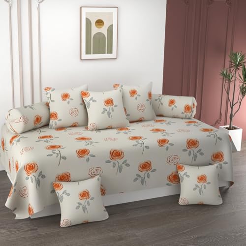 KETOSTICS Premium Cotton Diwan Set 8 PCS|300 TC Fabric |1 Bedsheet (90x60 inch), 5 Cushion Covers (16x16 inch), 2 Bolster Covers (16x32 inch) |Vibrant Floral & Geometric Designs| (White Orange)