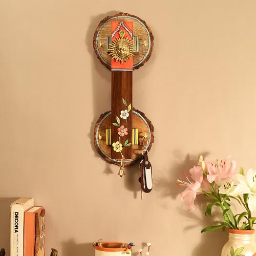 Image of AAKRITI ART CREATIONS Key Holder, Abha Key Hanger with Brass Motifs and Beautiful Artwork | Rustic Brass & Wooden Wall Organizer with 4 Hooks | New Home Gifts.
