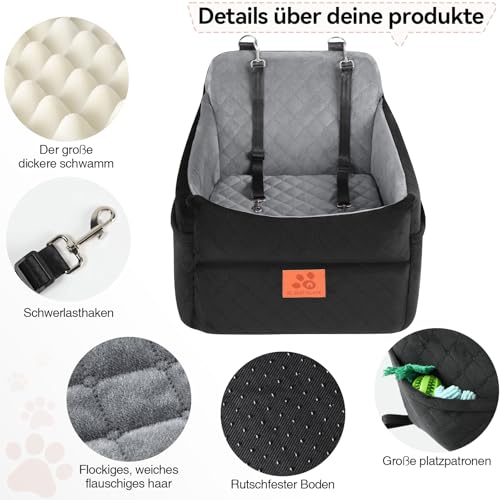 GL GLENSLAVE Hunde-Autositz für kleine/mittlere Hunde, Hundeautositz mit Dicker Polsterung unter 35 lbs, Abnehmbarer, waschbarer Autositz für Haustiere (Schwarz/Grau)