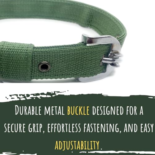Image of PawPro Personalized Dog Collar with Name Tag, Soft Nylon Pet Collar with Custom Bone Shape ID Tag, Adjustable Dog Neck Belt with Stainless Steel Buckle for Small, Medium & Large Dogs (Olive, Large)
