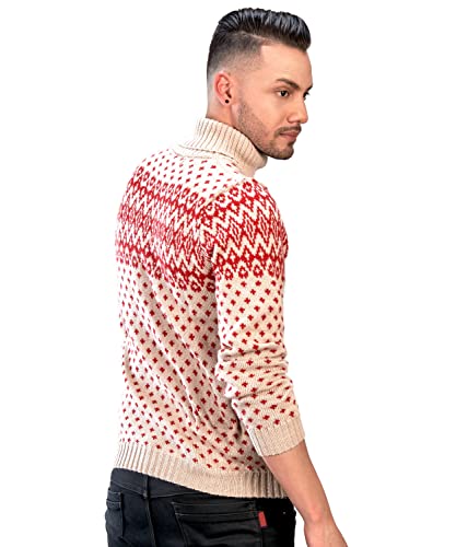 Men’s Turtleneck Sweater for Christmas Season – Winter Jumper in Red and Beige Alpaca Wool4