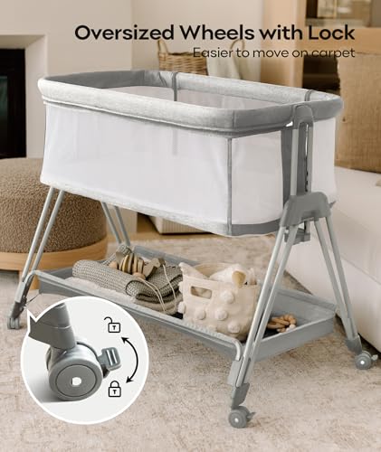 Image of Fodoss Bedside Bassinet for Baby with Wheels, All Mesh Bedside Crib with Storage Basket, Hight Adjustable and Easy Assembly
