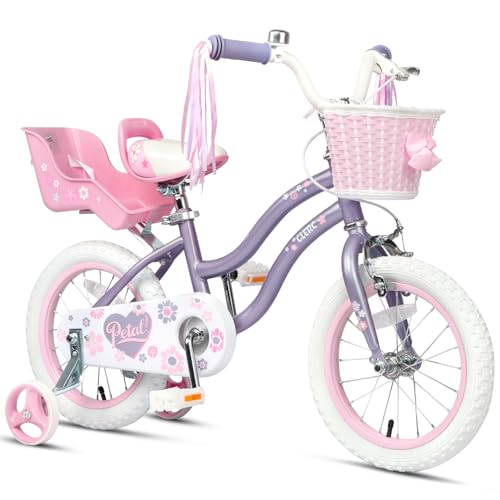 Glerc Petal Girls Bike, 14 Inch Kids Bike for Ages 3-5 Years Old, Princess Style Kids Bicycle with Training Wheels & Basket & Streamers, Purple