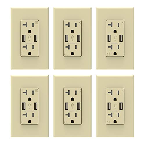 New Deal (Glossy Ivory) ELEGRP USB Charger Wall Outlet, Dual High Speed 3.6 Amp USB Ports, 20 Amp Duplex Tamper Resistant Receptacle Plug NEMA 5-20R, Wall Plate Included, UL Listed (6 Pack)