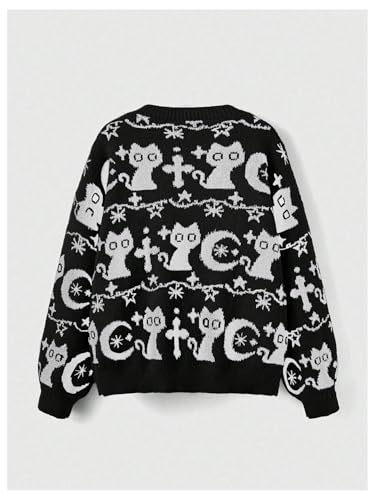 Image of WDIRARA Women's Goth Cartoon Pattern Sweater Long Sleeve Crewneck Knit Pullover Top