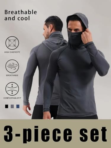 3-Piece Athletic Hooded Shirts Set, Long Sleeve Performance Tops with Built-in Face Cover, Black Navy Gray4