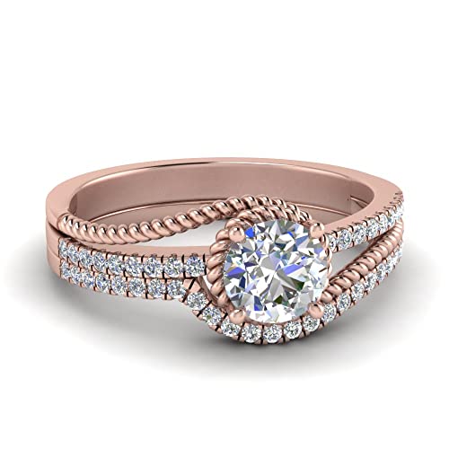 Image of Choose Your Gemstone Rope Split Shank Wedding Ring Set Rose Gold Plated Round Shape Wedding Ring Sets Everyday Jewelry Wedding Jewelry Handmade Gifts for Wife US Size 4 to 12