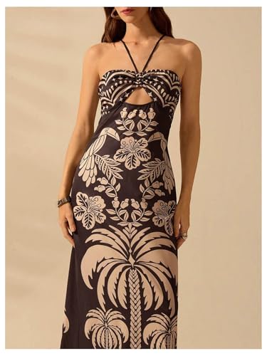 Image of SHENHE Women's Tropical Print Halter Neck Maxi Dress with Cutouts and Tie Knot at Backless and Split Hem