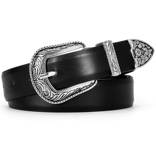 Women's Western Genuine Leather Belt for Jeans with Vintage Metal Buckle