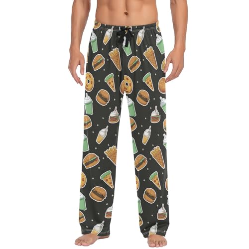 Men’s Fast Food Stickers Pajama Pants with Pockets, Comfortable Lounge Sleep Bottoms#463