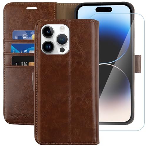 Image of MONASAY Vegan Leather Fit for iPhone 14 Pro Max 5G Wallet Case, 6.7-inch, [Glass Screen Protector Included] [RFID Blocking] Flip Folio Phone Cover with Credit Card Holder,Brown