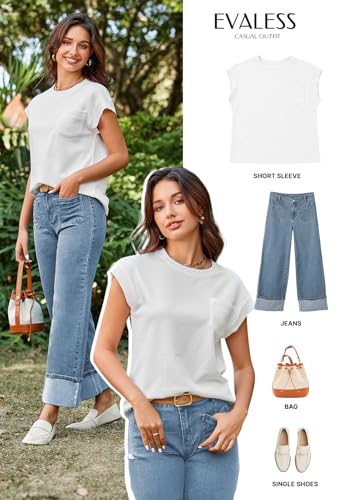 EVALESS Womens Summer Tops Crewneck Cap Sleeve Dressy Casual Business Textured Solid Loose Basic T Shirts Tee Blouses4