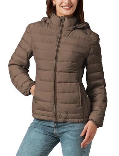 YZG Women's Lightweight Packable Down Jackets Spring Detachable Hooded Puffer Jacket Brown S