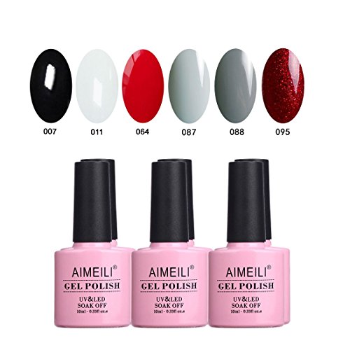 AIMEILI Soak Off UV LED Noir Blanc Rouge Gris Vernis à Ongles Gel Semi-Permanent Lot Color Mix/Multi-Colored Set Ensemble de Couleurs 6 X 10ml - Kit 28