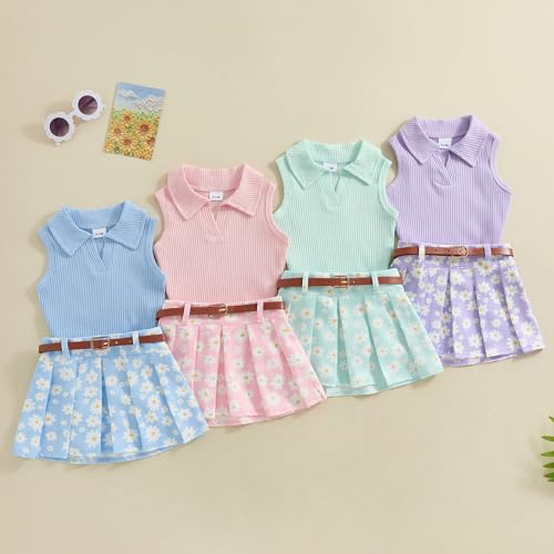 Image of BeQeuewll Toddler Baby Girl Summer Clothes Daisy Flower Girl Outfit Knit Shirt Mini Pleated Skirts Set Outfits for Grils1-4T (Pink, 2-3 Years)