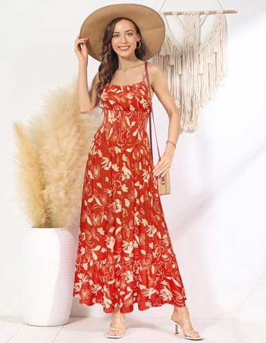Image of GRACE KARIN Summer Dresses for Women 2026 Vacation,Smocked Floral Maxi Dress,Boho Beach Sundress with Pocket Fashion Clothing