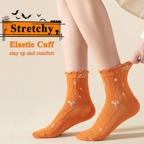 Image of Womens Ruffle Crew Socks Vintage Patterned Ankle Casual Fashion Dress Sock Cute Lettuce Floral Socks 5 /6 Pack