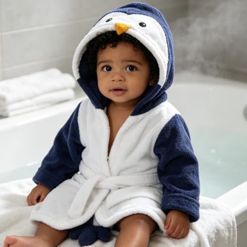 Image of Baby Boy Bathrobe Hooded Towels Unisex Infant Bath robe Towel For Toddle Terry Ultra Absorbent Durable Blankets