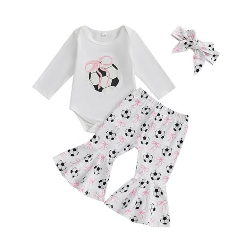 Newborn Baby Girl Soccer Outfit Soccer Bow Short Sleeve Bubble Romper Bell Bottom Pants Headband Set Summer Clothes