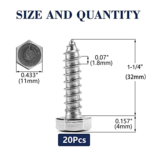 Image of 1 /4 inch x 1-1 /4 inch Hex Head Lag Screws Bolts 20Pcs 304 Stainless Steel 18-8, Partial Thread, Hexagon Head Wood Screws by SG TZH