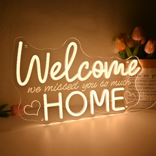 Image of Britrio Welcome Home Neon Sign Family Housewarming Sign LED Wall Decor for Military Army Homecoming, Family Party Deployment School Returning Supplies Decorations Photo Backdrop for Celebration