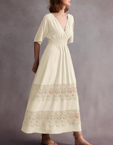 Image of Olaesa Boho Maxi Dress V Neck Short Sleeve Lace Smocked Waist Flowy Dress | Wedding Guest Dress with Pockets, Summer Bohemian Vacation Dress, Elegant Party Dress for Family photo& Baby Shower