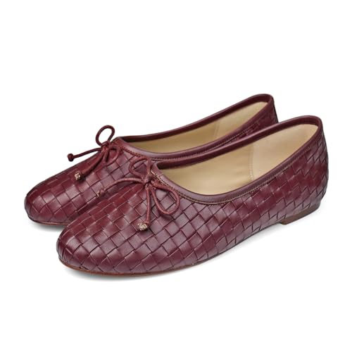 Women’s Woven Ballet Flats Leather Plaid Round Toe Mary Jane Shoe with Bow Tie Fashion Dress Slip on Low Heel Ballerina Shoes