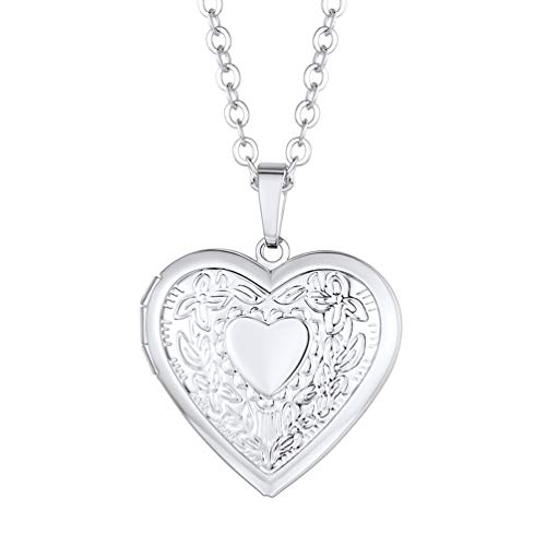PROSTEEL Damen Foto Collier Herz Medaillon zu Öffnen Edelstahl Vintage Blumen Muster Herz Anhänger Halskette Foto Bilder Amulett Floating Locket für Mädchen Muttertag Valentinstag