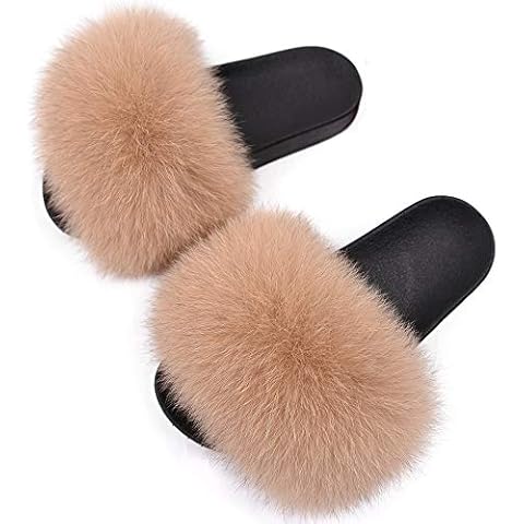 Jancoco Max Real Fox Fur Slides for Women - Furry Slides Fluffy Fur Slippers Open Toe Flat Slides Fur Sandals Outdoor (US 8,Camel) Cover