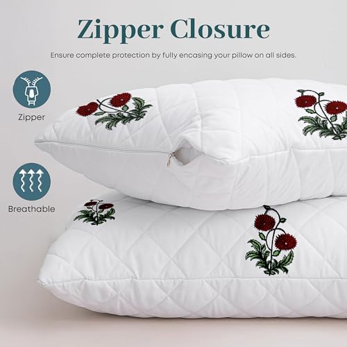 Image of LINENWALAS Block Printed Cotton Quilted Pillow Cover - Set of 4 | Ultra-Soft, Cooling & Breathable | Skin & Hair Friendly|Zipper Closure |Sweat-Absorbent & Hypoallergenic (20x36 Inches, Ruby Flora)