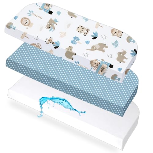 Lovely Hippo 2X Spannbettlaken 50x89 cm Kompatibel mit BabyBay + 1X Matratzenschoner - Spannbettlaken Baby Kompatibel mit Maxi Boxspring Comfort Comfort Plus 100% Baumwolle (Safari Blau 50x89cm)