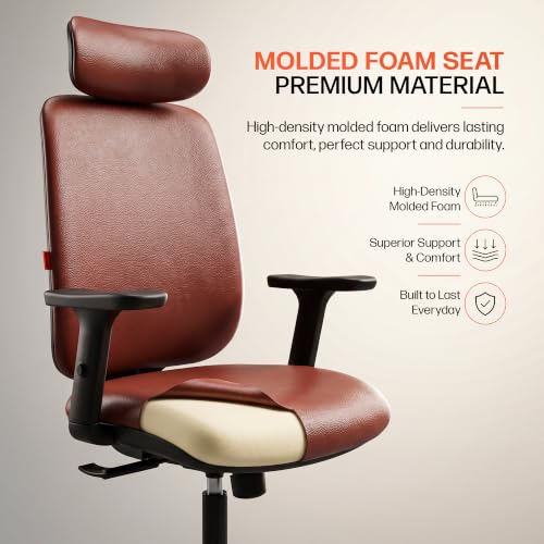 Image of DROGO Pluto Ergonomic Office Chair for Work from Home with 135 Recline | Premium Leatherette Cushion | 2D Headrest, Adjustable Armrests, Computer Chair with 3-Point Recline Lock,1-Year Warranty(Tan)