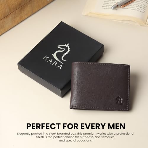 Image of KARA Brown Men's Genuine Leather Wallet - Bifold, 2 Cash Compartments, Coin Pocket, 10+ Card Slots, Hidden & Transparent Flip Sections