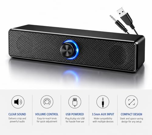 Image of 10W USB Powered Soundbar Speaker for PC, Laptop & Desktop, 2.0 Channel Stereo, 52mm Dual Drivers, AUX 3.5mm Input, Plug & Play with Volume Control | Black