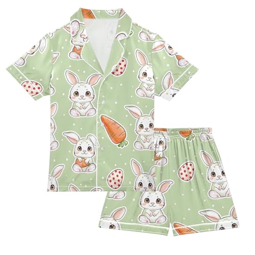 ALAZA Cute Rabbit Strawberry Polka Dot Satin Pajamas Set Short Sleeve Button Down Sleepwear Summer Pjs 2 Piece