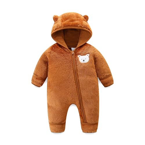Image of Newborn Baby Fleece Jumpsuit Unisex Infant Bear Hooded Onesie with Mitten Cuffs Winter Warm Snowsuit Outfit
