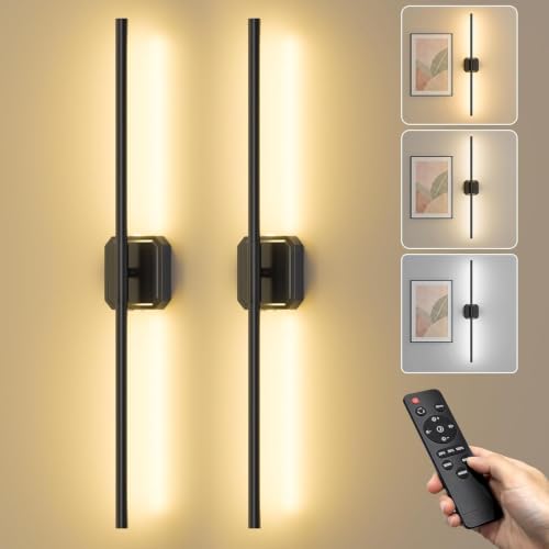 Image of Ollny Rechargeable Battery Operated Wall Sconces Set of Two with Remote Control, Dimmable & 3 Color Temperatures Wall Scones, 350 Rotatable Wireless Wall Lamps for Bedroom, Living Room, 28.7in