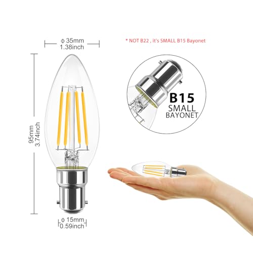 LVWIT 4W C35 Small Bayonet Bulb 40W Incandescent Bulbs Equivalent, B15 LED Filament Candle Bulb,470Lm, 2700K Warm White Candle B15 Bulbs Small Bayonet,220-240V,NO-Dimmable,(35MM*97MM/ 6 PCS) - Image 2