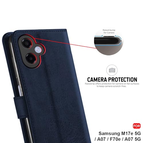 Image of TheGiftKart Flip Cover Back Case for Samsung Galaxy M17e 5G / A07 / F70e / A07 5G | Genuine Leather Finish | Designer Button | Inbuilt Pockets & Stand | Flip Back Cover Case (Faux Leather, Blue)