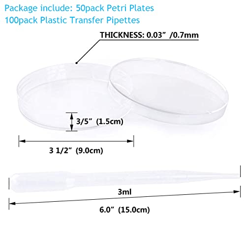 50 Pack Plastic Petri Dishes With Lid, 90Mm Dia X 15Mm Deep Sterile Petri Plates With 100 Pack 3 Ml Plastic Transfer Pipettes, Petri Dish Set For Lab, Experiment, Biology, Microbiology Studies #TOP1