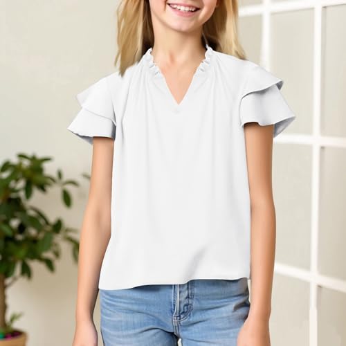 Girls Pleated Short Sleeve T Shirts Summer V Neck Kids 2025 Blouses Solid Color Lightweight Cute Chiffon Tunic Tops2