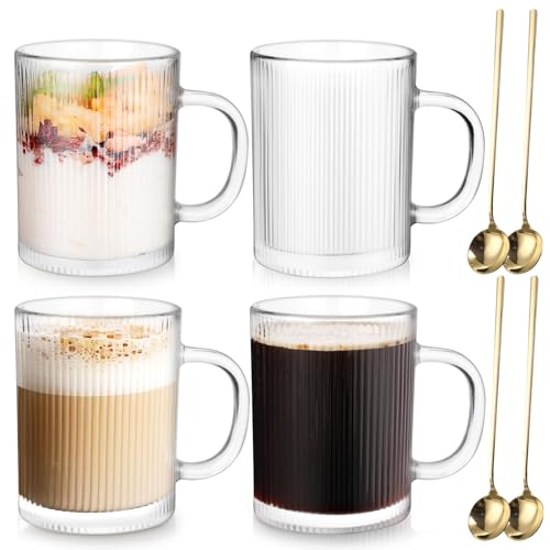 Anhow Glass Coffee Mugs Set of 4 350ml Classic Stripe Latte Glasses with Handle Borosilicate Temperature Resistant Glass Coffee Cups for Cappuccino Macchiato Tea Milk Juice Cold & Hot Beverages